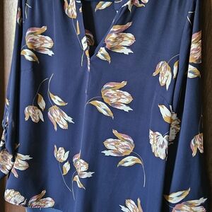 Daniel Rainn Navy Floral V-Neck Long Sleeve Blouse